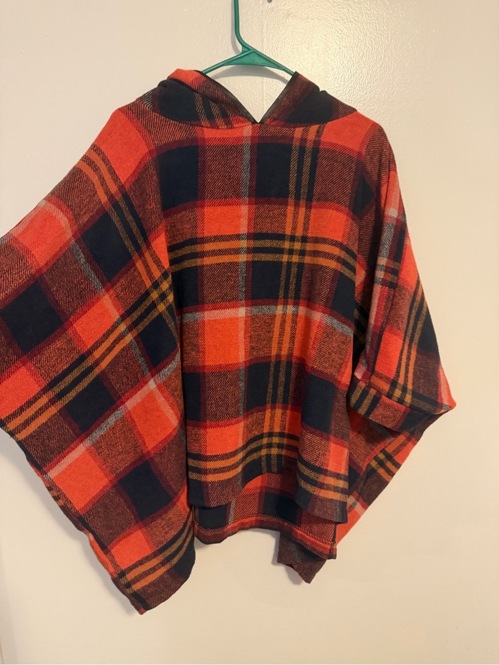Plaid Hooded Poncho in Orange and Navy